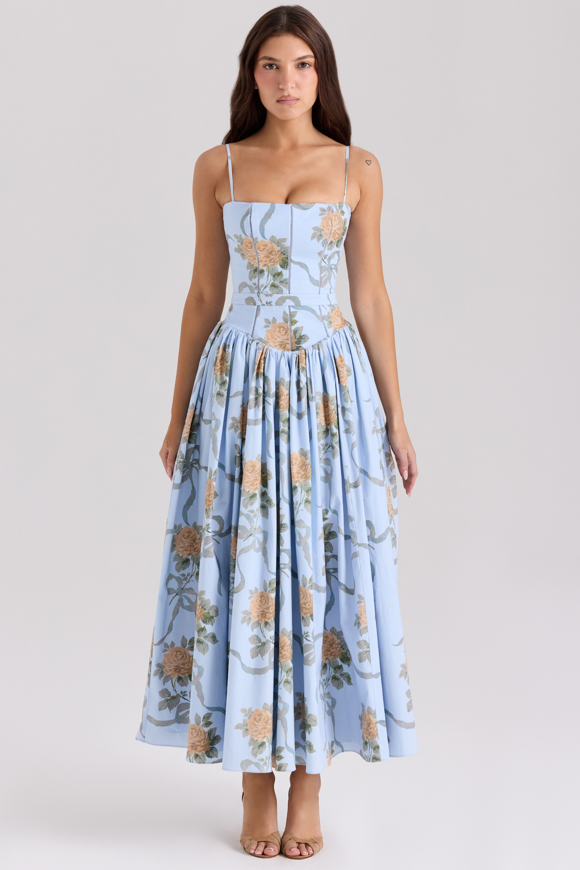 House of CB Ysabella blue vintage rose dress with a square neckline and full skirt.